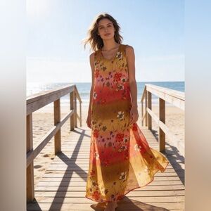 Kaitlyn Dapper Golden Yellow & Coral Floral Maxi Dress